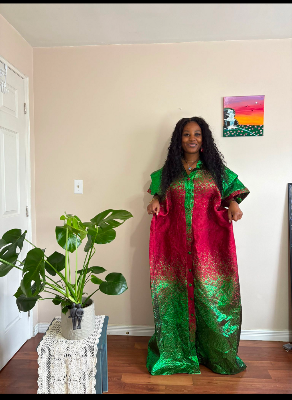 Green & Red Metallic Brocade Kaftan Maxi Dress