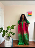 Green & Red Metallic Brocade Kaftan Maxi Dress