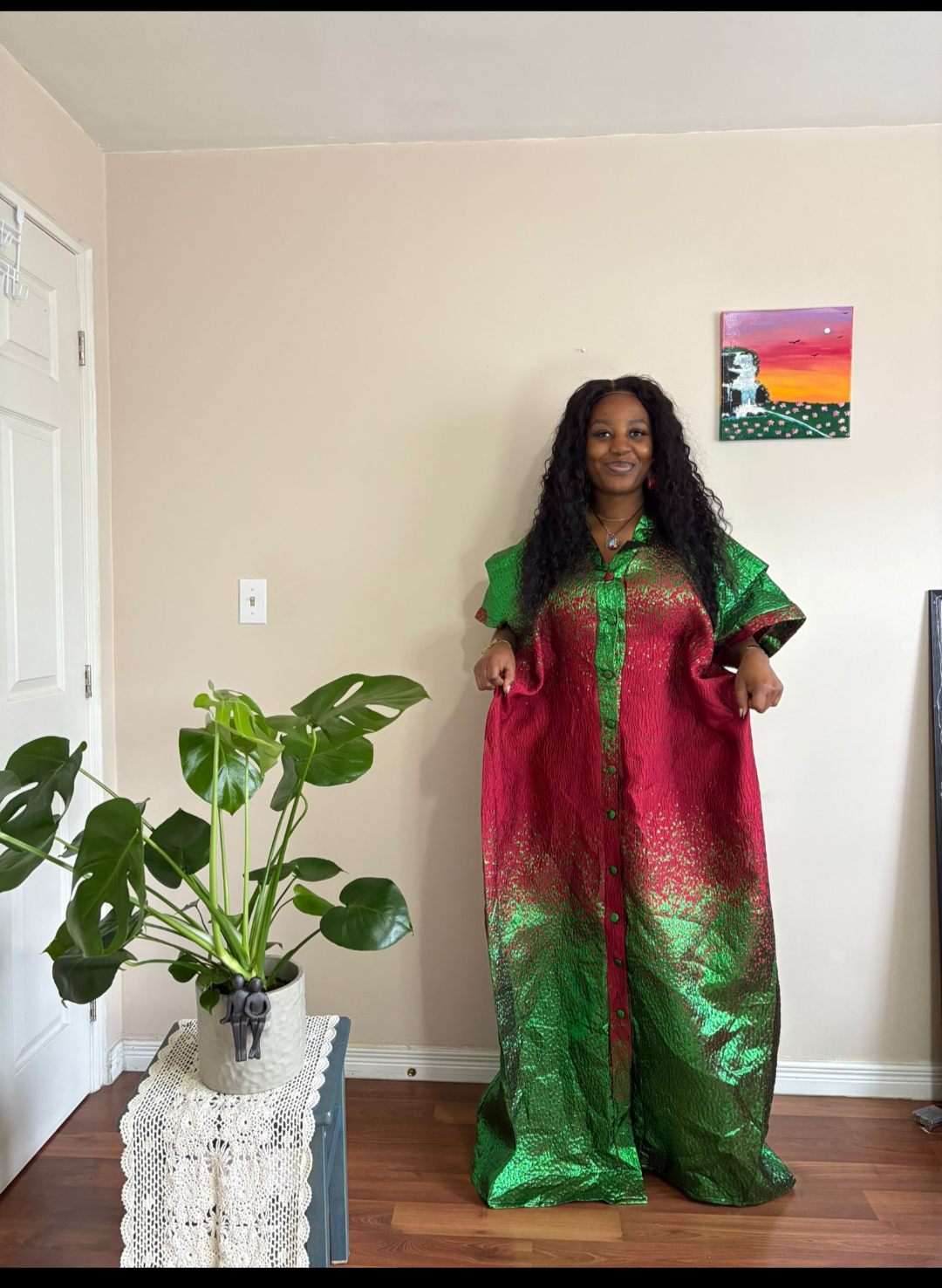 Green & Red Metallic Brocade Kaftan Maxi Dress