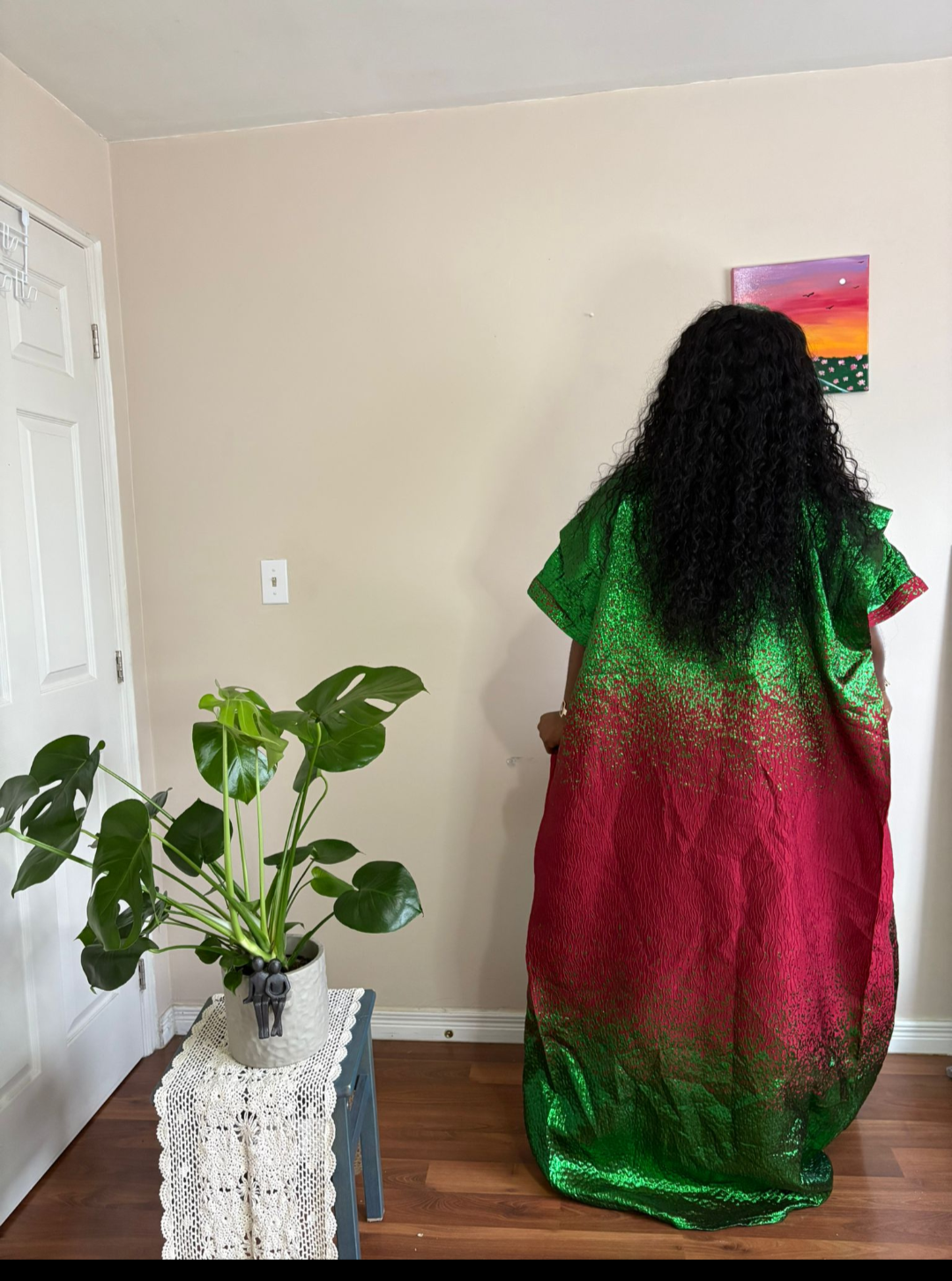 Green & Red Metallic Brocade Kaftan Maxi Dress