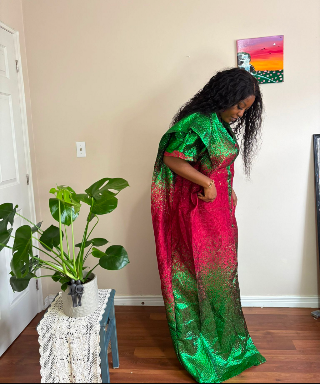 Green & Red Metallic Brocade Kaftan Maxi Dress