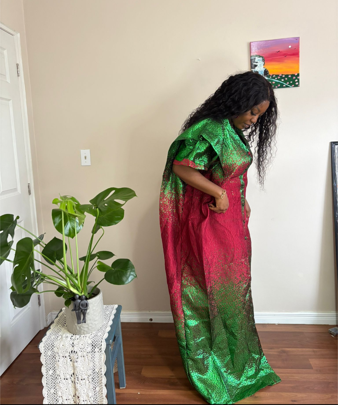 Green & Red Metallic Brocade Kaftan Maxi Dress