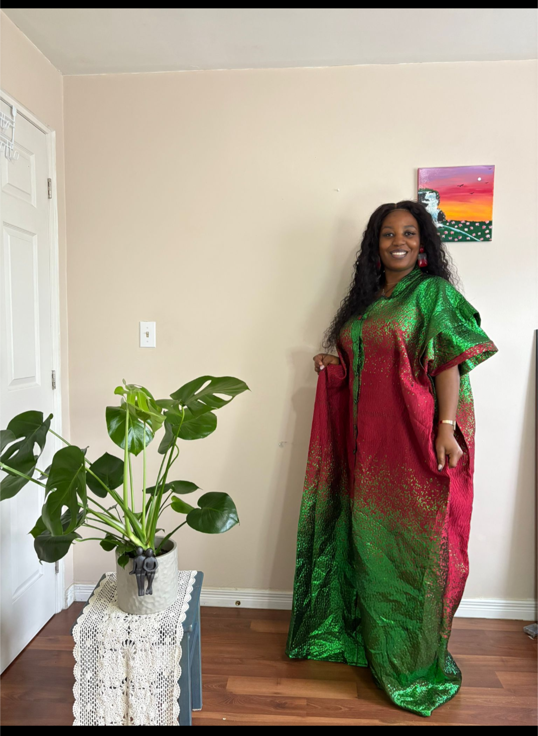 Green & Red Metallic Brocade Kaftan Maxi Dress