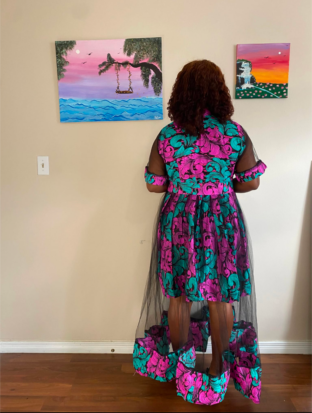 Ankara Print Tulle Overlay Shirt Dress