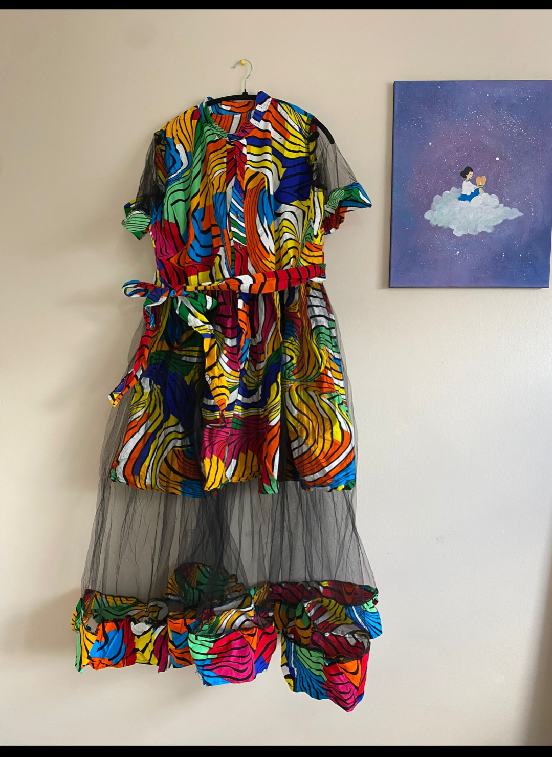 Rainbow Swirl Print Tulle Overlay Shirt Dress|Gown