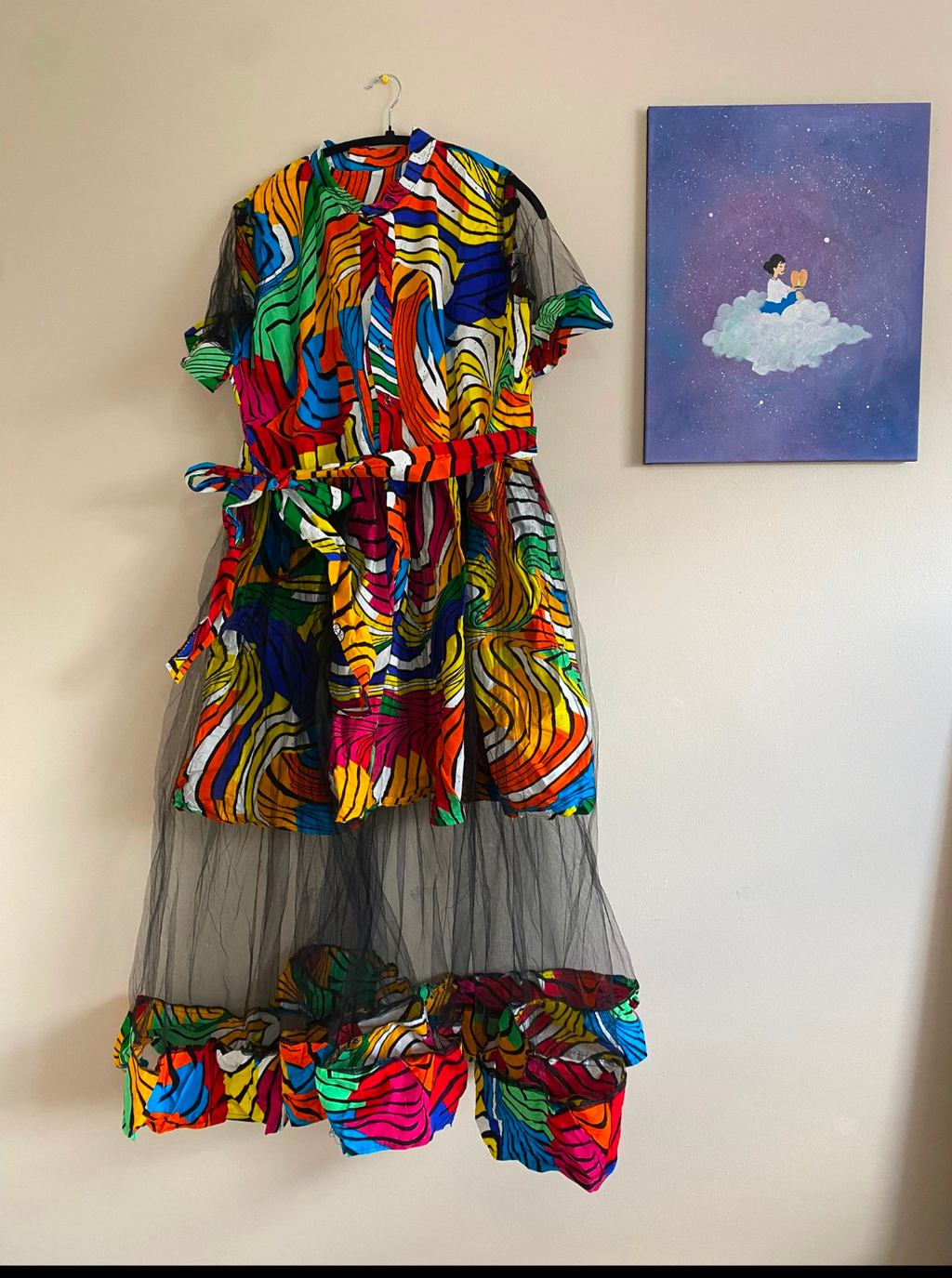 Rainbow Swirl Print Tulle Overlay Shirt Dress|Gown