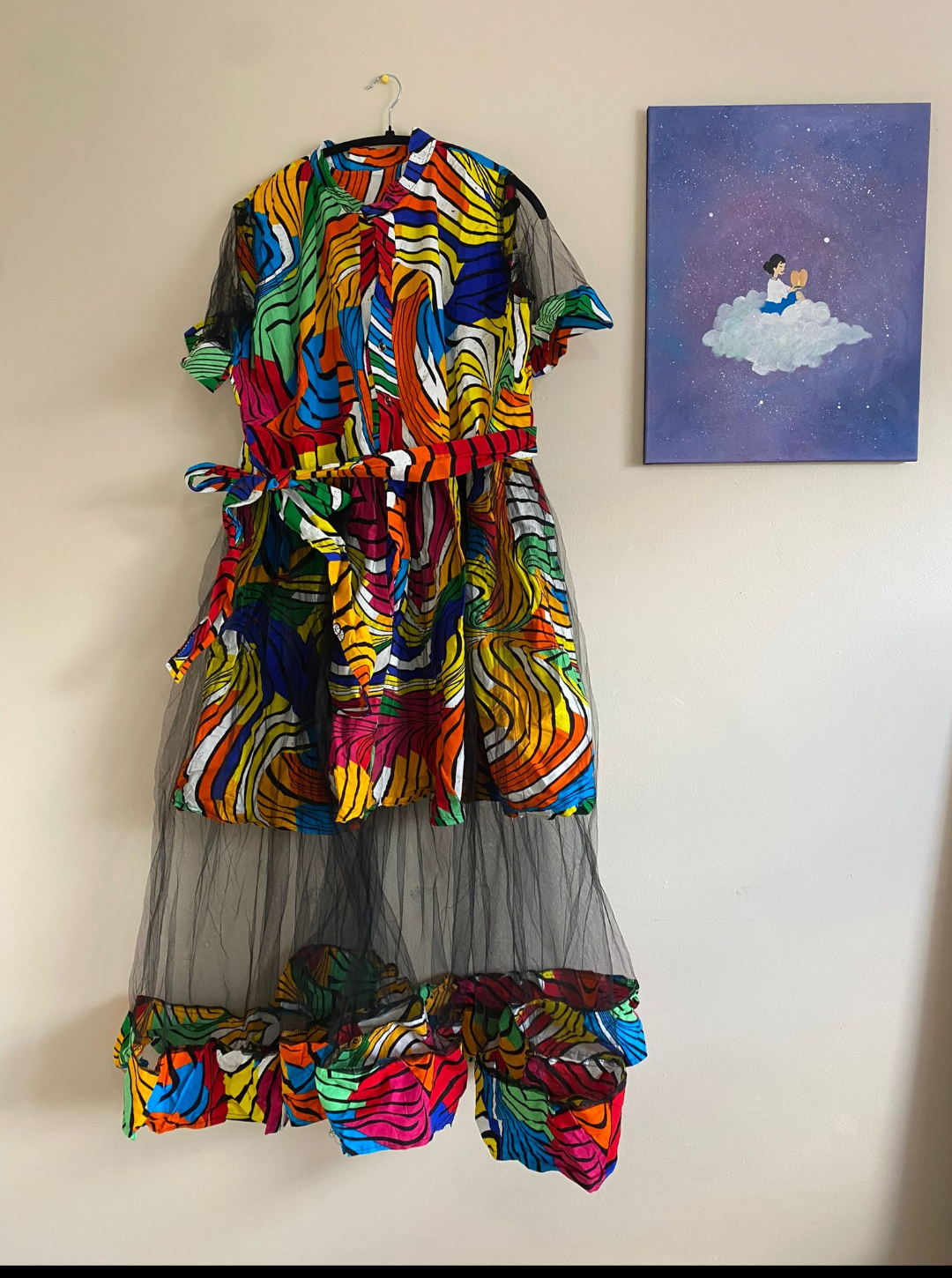 Rainbow Swirl Print Tulle Overlay Shirt Dress|Gown