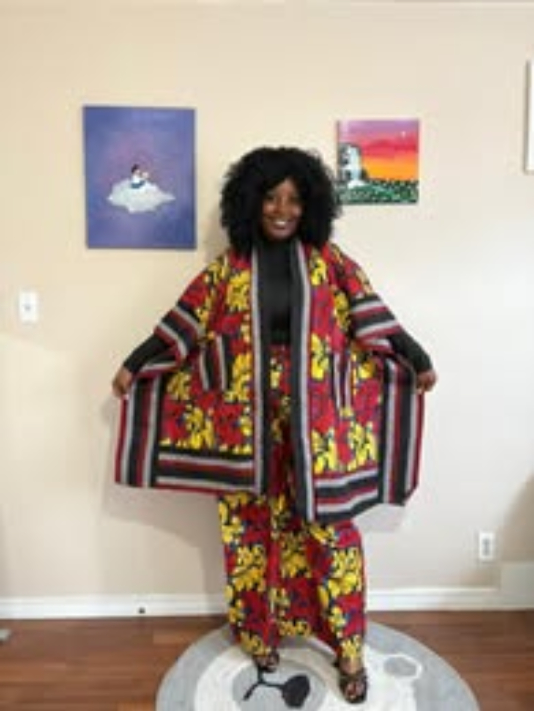 African Print Two-Piece Kimono Set – Red & Gold Floral