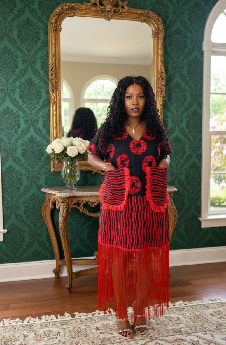 Crimson Bloom Ankara Fringe Dress