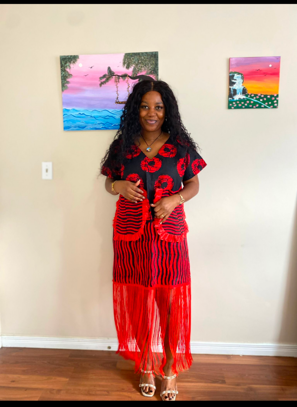 Crimson Bloom Ankara Fringe Dress