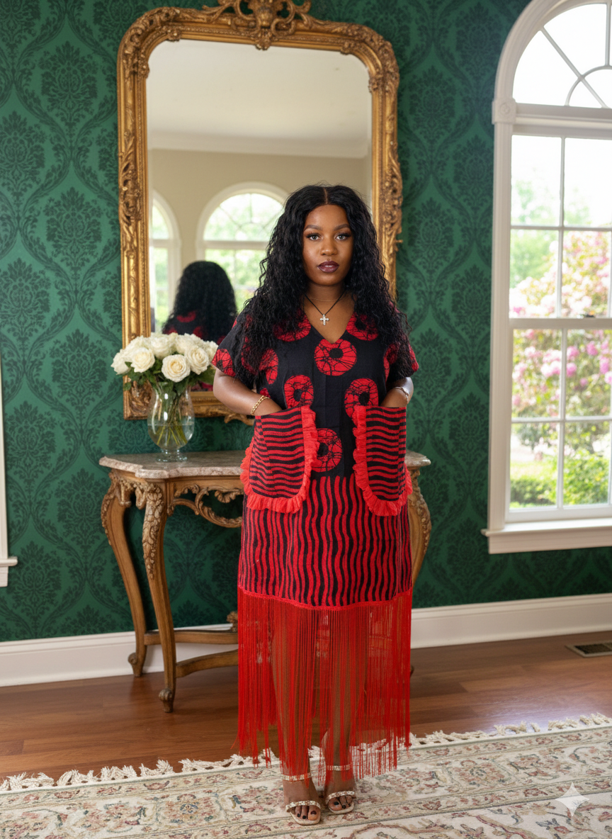 Crimson Bloom Ankara Fringe Dress